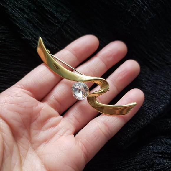 Vintage Large Jewel Gold Tone Abstract Zig Zag Pin Brooch - Picture 7 of 8